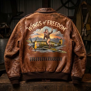 Könnte beinhalten: Eine braune Leder-Bomberjacke mit einer Rückenillustration eines alten Flugzeugs, auf dessen Flügel ein Pilot sitzt. Der Text "WINGS of FREEDOM" steht über dem Bild, darunter befindet sich eine Reihe kleiner Bomben-Symbole.