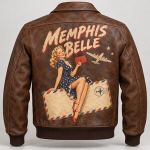 Chaqueta bomber Memphis Belle de cuero genuino para B-17 A-2 de la Segunda Guerra Mundial, hecha a medida, parche personalizado con el nombre del piloto, abrigo con arte de morro vintage.