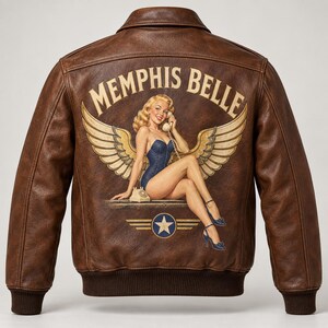 Memphis Belle WWII B-17 A-2 Genuine Leather Bomber Jacket Custom Made, Personalized Pilot Name Patch, Vintage Nose Art Coat