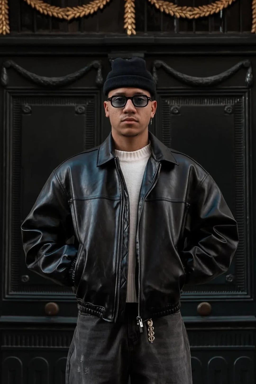 Handmade Vintage Black Leather Bomber Jacket for Mens 90s Retro