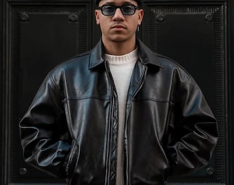 ジャケット・アウター vintage learher bomber jacket black 1990s Black Leather Bomber Jacket Free Shipping - The Vintage Twin