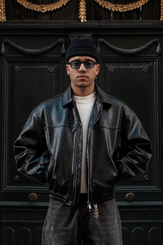 Handmade Vintage Black Leather Bomber Jacket for Mens 90s Retro