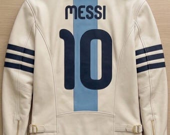 Chaqueta de cuero Messi 10 Argentina Champions | Abrigo AFA personalizado blanco y azul para la Copa Mundial | Ropa de fútbol de primera calidad inspirada en la tecnología