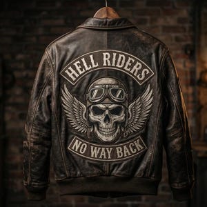 Könnte beinhalten: Braune Lederjacke mit Used-Look, mit einem "HELL RIDERS"-Aufnäher über einer Totenkopf-Grafik mit Flügeln und dem Text "NO WAY BACK". Die Jacke hängt an einem Holzkleiderbügel.