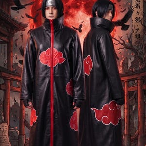 May include: Black Shinobi cloak with red cloud designs and a red zipper. The cloak is part of the Rebirth Edition. The image shows two people wearing the cloak in front of a red moon and Japanese architecture.