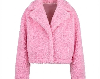 Women Pink Sherpa Cropped Jacket | Soft Faux Fur Winter Jacket | Cozy Short Coat
