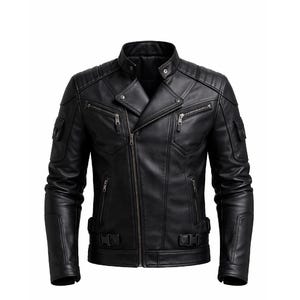 May include: A black leather jacket with a classic biker style. Features include a notched collar, asymmetrical zipper closure, multiple zippered pockets, and shoulder detailing. The jacket has a tailored fit and adjustable waist buckles.