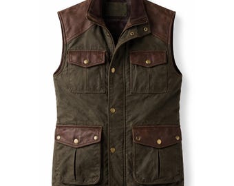 Handgefertigte Jagdweste aus gewachster Baumwolle | Lederbesatz Outdoor Weste | Unisex Gebrauchs-Weste