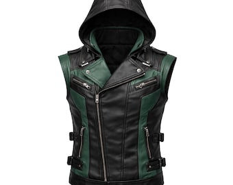 Black & Green Hooded Leather Cosplay Vest | Superhero Inspired Biker Style Vest | Handmade Sleeveless Outerwear