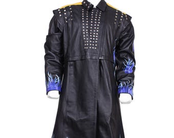 Black Leather Flame Cosplay Coat | Gothic Villain Studded Long Jacket