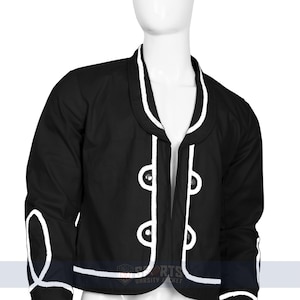 May include: Black jacket with white trim and decorative buttons. The jacket has a classic design with white piping along the edges and around the cuffs. The jacket is displayed on a mannequin.