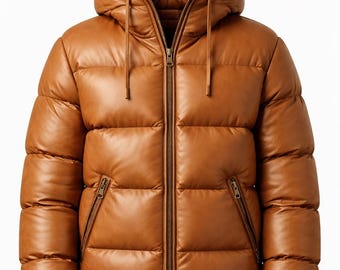 Handmade Leather Puffer Jacket | Men’s Tan Hooded Leather Winter Coat