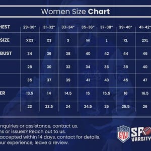 May include: A Women's Size Chart with measurements in inches for body chest, jacket size, jacket bust, waist, hip, shoulder, and sleeves. The chart includes sizes from XXS to 3XL.