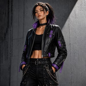 May include: A black cropped leather jacket featuring purple interior lining, a high collar with a buckle strap, and purple buckle accents on the chest and sleeves. The jacket is worn over a black crop top with black cargo pants featuring silver chains.