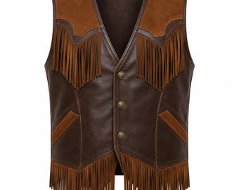Western Fringe Brown Leather  Cowboy Vest | Two Tone Suede Waistcoat | Vintage Style Ranch Gilet