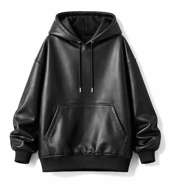 Oversized Black Leather Hoodie | Minimal Streetwear Pullover | Unisex Modern Hoodie