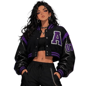 Oversized Black Purple Anime Crop Varsity Jacket | Women's Leather Sleeve Letterman Jacket | Cropped Bomber
