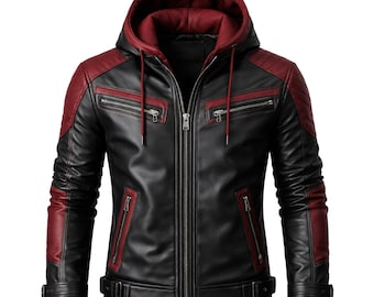 Black & Red Leather Cosplay Jacket | Hooded Superhero Style Jacket | Biker Inspired Costume Outerwear