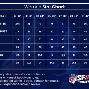 May include: A Women's Size Chart with measurements for body chest, jacket size, jacket bust, waist, hip, shoulder, and sleeves. The chart includes sizes from XXS to 3XL, with measurements in inches. The Sports Varsity Jacket logo is in the bottom right corner.