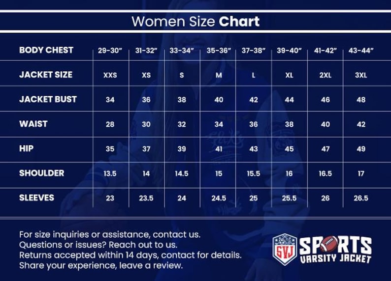 May include: A Women's Size Chart with measurements for body chest, jacket size, jacket bust, waist, hip, shoulder, and sleeves. The chart includes sizes from XXS to 3XL, with measurements in inches. The Sports Varsity Jacket logo is in the bottom right corner.