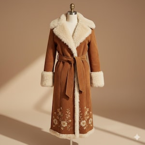 May include: A long, brown coat with a cream-colored shearling collar, cuffs, and lining. The coat features a matching belt and floral embroidery near the hem. The coat is displayed on a mannequin.