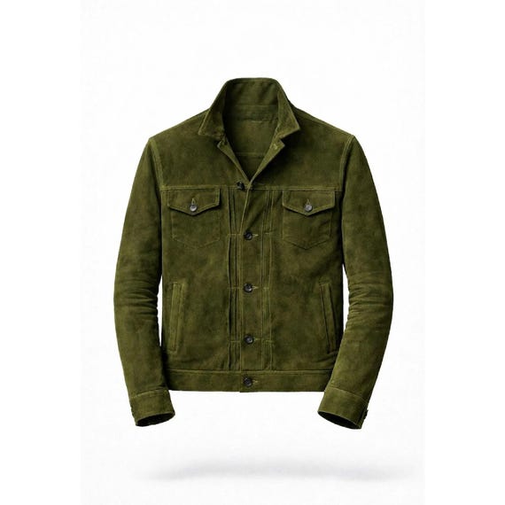 Olive Green Suede Trucker Jacket | Western Style Jacket | | Classic Workwear Shirt