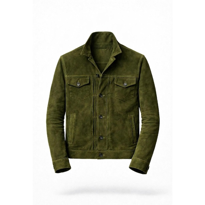 Olive Green Suede Trucker Jacket | Western Style Jacket | | Classic Workwear Shirt