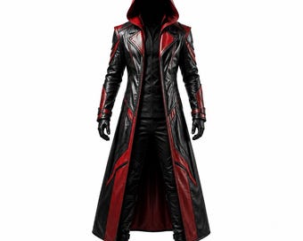 Svartröd huvad anime-inspirerad cosplay-lädertrenchcoat | Halloweenkappa | Gotisk långjacka