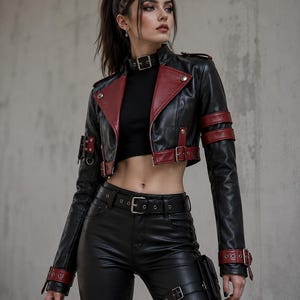 Può includere: Una giacca corta in pelle nera e rossa con colletto alto, fibbie argentate e spalline. La giacca presenta revers e fasce rosse sulle braccia, abbinata a pantaloni in pelle nera, una cintura coordinata e una fondina da gamba.