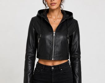 Women’s Black Genuine Leather Cropped Jacket with Hood | Women Zip Up Crop Jacket