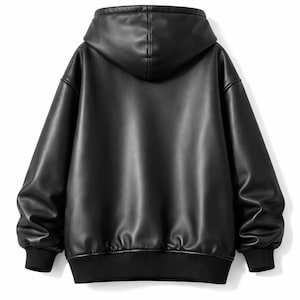 Oversized Black Leather Hoodie | Minimal Streetwear Pullover | Unisex Modern Hoodie