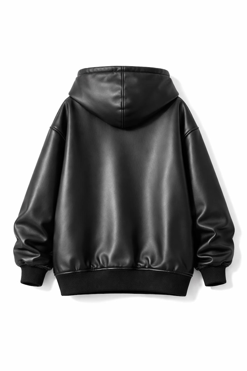 Oversized Black Leather Hoodie | Minimal Streetwear Pullover | Unisex Modern Hoodie