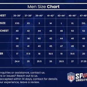 May include: Men's size chart for jackets, with measurements in inches for body chest, jacket size, jacket chest, waist, hip, shoulder, and sleeves. Includes sizes from XXS to 3XL. The chart also includes the Sports Varsity Jacket logo.