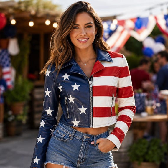 American Flag Crop Leather Jacket Women | Independence Day Cropped Patriotic USA Jacket