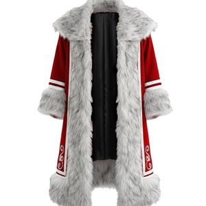 May include: A long, red coat with white trim and faux fur accents. The coat has a large, fluffy collar and cuffs, with decorative embroidery near the hem. The interior is black.