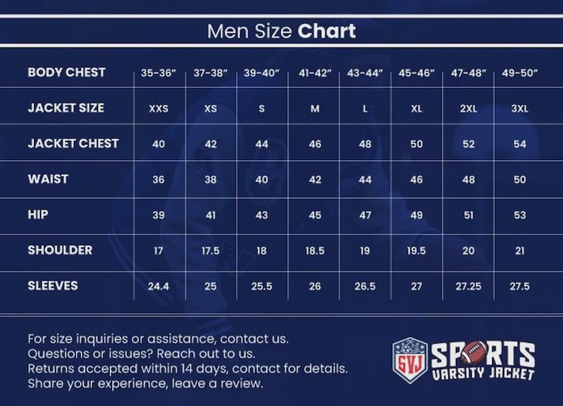May include: Men's size chart for jackets, with measurements in inches. Includes body chest, jacket size, jacket chest, waist, hip, shoulder, and sleeve measurements, ranging from XXS to 3XL.