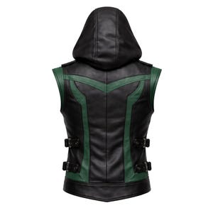 Black & Green Hooded Leather Cosplay Vest | Superhero Inspired Biker Style Vest | Handmade Sleeveless Outerwear