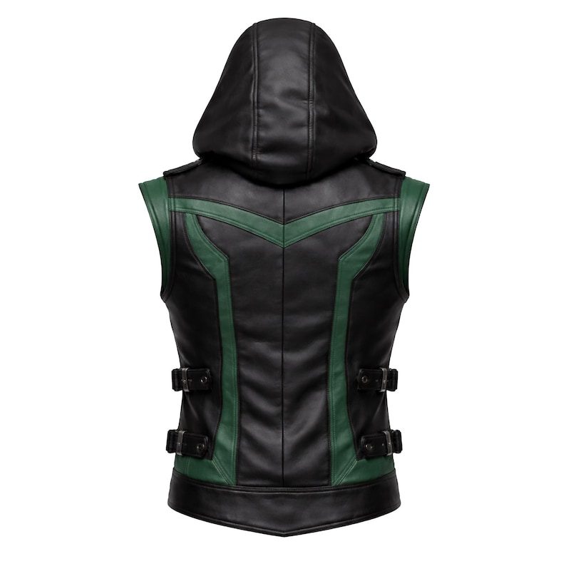 Black & Green Hooded Leather Cosplay Vest | Superhero Inspired Biker Style Vest | Handmade Sleeveless Outerwear