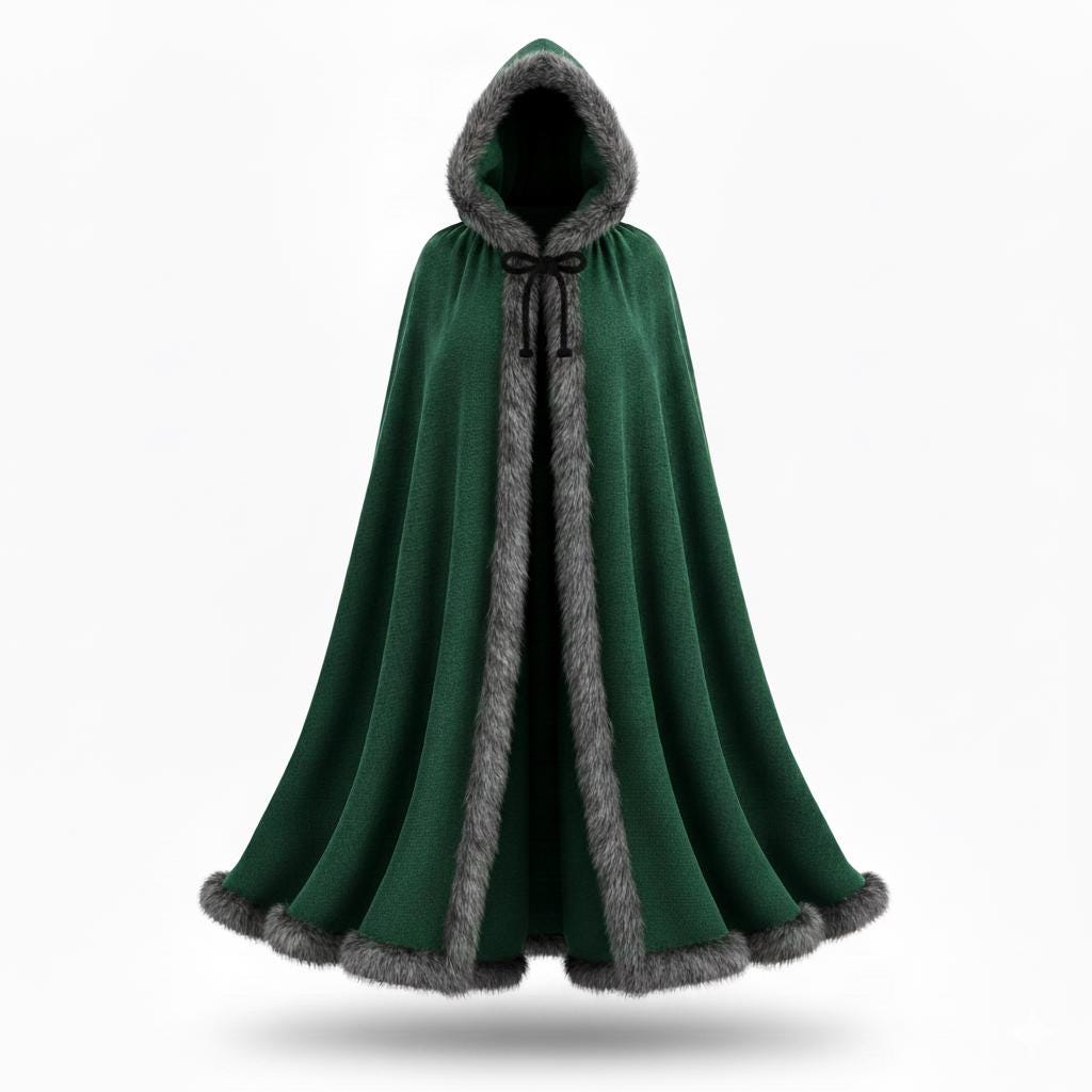 Handmade Green Wool Hooded Cape with Faux Fur Trim Cosplay Cloak Medieval Style Cloak
