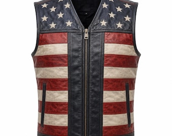 American Flag Leather Vest | Independence Day Vest | USA Patriotic Motorcycle Outfit | 4th July Sleeveless