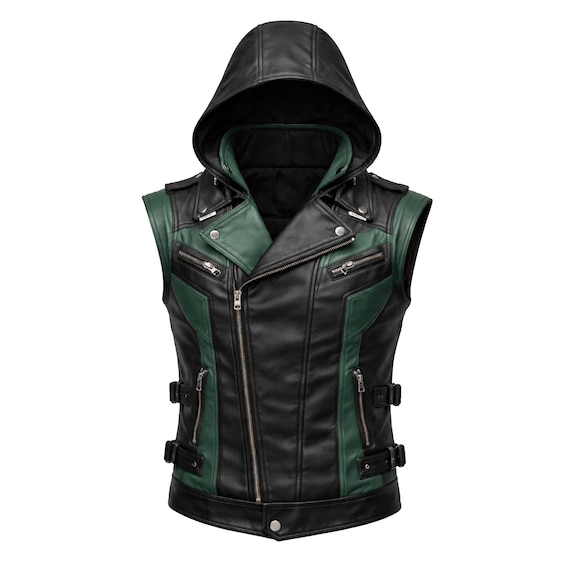 Black & Green Hooded Leather Cosplay Vest | Superhero Inspired Biker Style Vest | Handmade Sleeveless Outerwear
