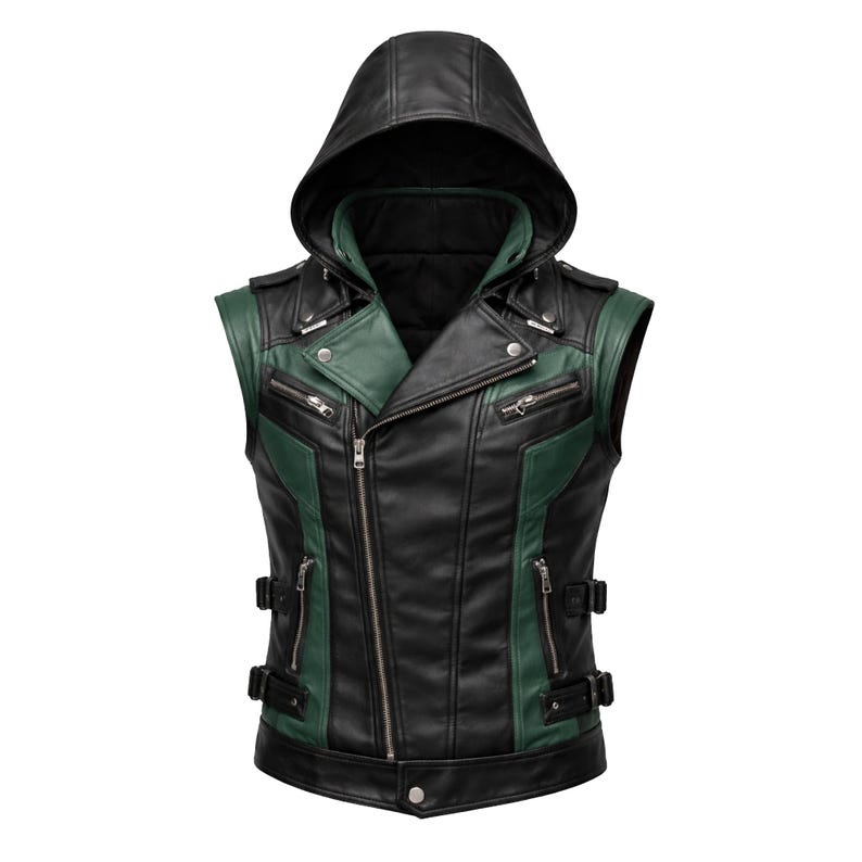 Black & Green Hooded Leather Cosplay Vest | Superhero Inspired Biker Style Vest | Handmade Sleeveless Outerwear