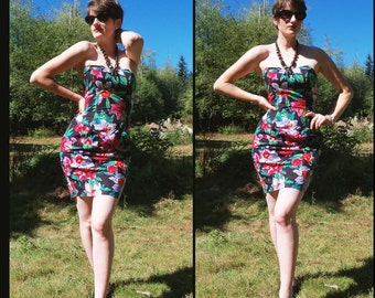 80s TROPICAL FLORAL Strapless Wiggle Party Dress, xs Small