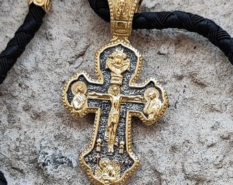 925 Sterling Silver Orthodox Cross Pendant, Gold Plated & Blackened Crucifix, Christian Protection Necklace, Religious Gift