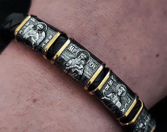 Orthodox Bracelet “Our Father” 925 Silver & 999 Gold Plated, Handmade Icon Jewelry with Prayer, Christian Gift for Men, Religious Protection