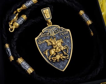 Saint George Shield Pendant 925 Silver & Gold Plated, Archangel Michael Gabriel Necklace, Orthodox Christian Amulet for Protection