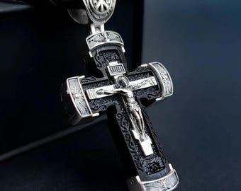 Orthodox Silver Cross Pendant with Cord, 925 Sterling Silver Crucifix, Blackened Silver Cross, Men’s Christian Necklace, Religious Gift