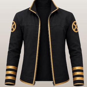May include: A black jacket featuring a high collar with gold trim, a full-length front zipper with gold piping, and long sleeves with three horizontal gold bands at the cuffs. A circular gold emblem with a black X is centered on each upper sleeve.