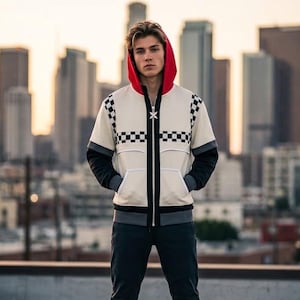 May include: A zip-up hoodie featuring a cream-colored torso with a black and white checkered pattern across the chest and shoulders, a bright red hood, and long black sleeves with grey cuffs. The garment includes a central zipper and two front pockets.