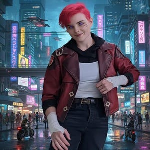 May include: A person wearing a red leather jacket with black accents, a white shirt, and dark jeans, set against a futuristic cityscape with neon signs and flying vehicles. The jacket has diamond-shaped details.